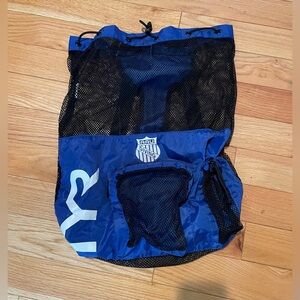 TYR Big Mesh Backpack See Through Bag Blue Swimming Lifeguard AAU Diving Logo